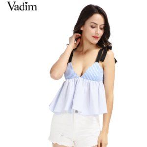 Vadim Sexy Deep V Neck Striped Top with Black Ribbons on Shoulders